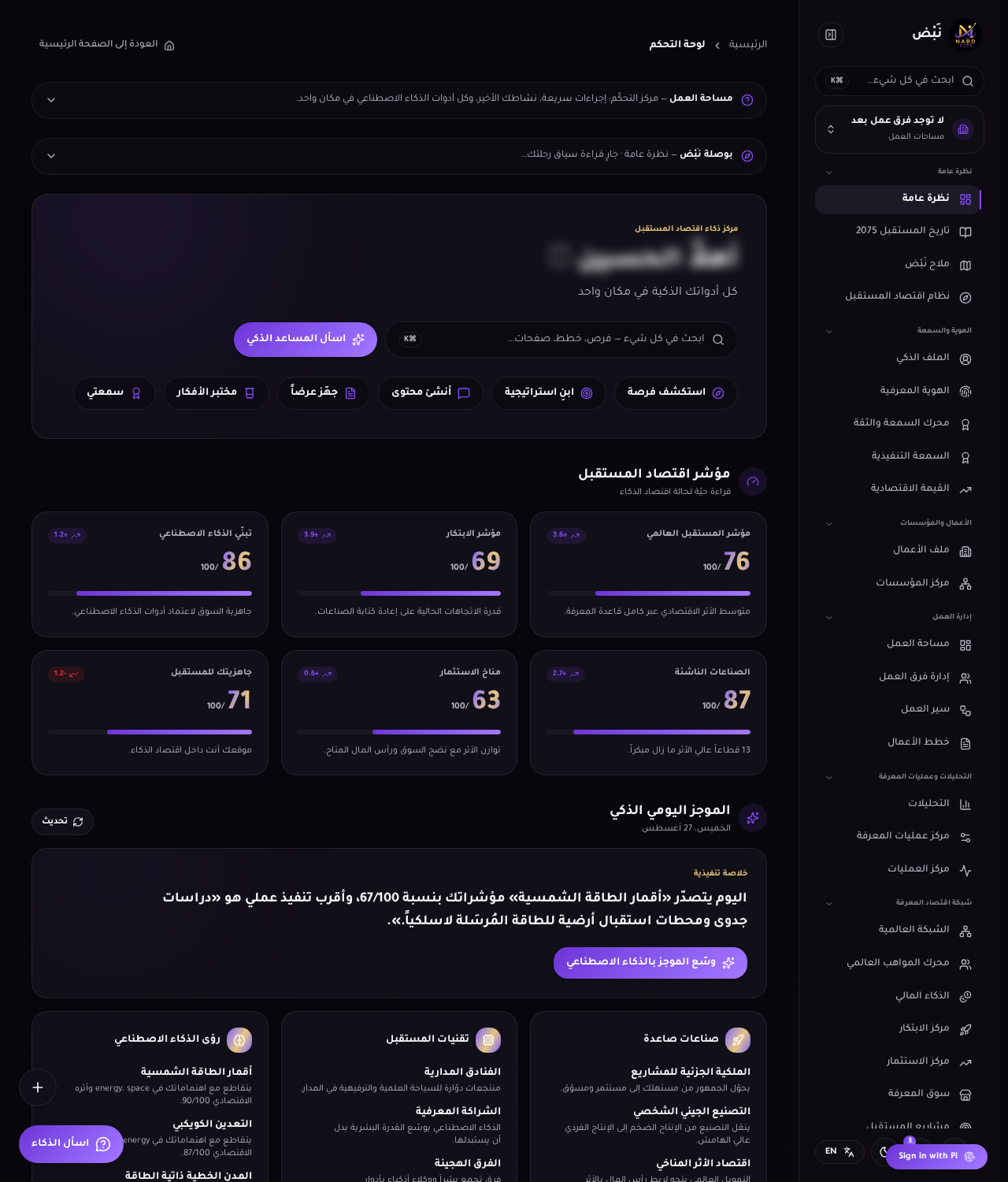 لوحة التحكم والشريط الجانبي ومجموعات التنقل